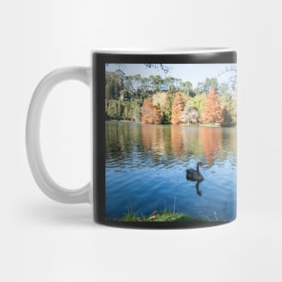 Autumn scenic lake and trees, black swan Mug